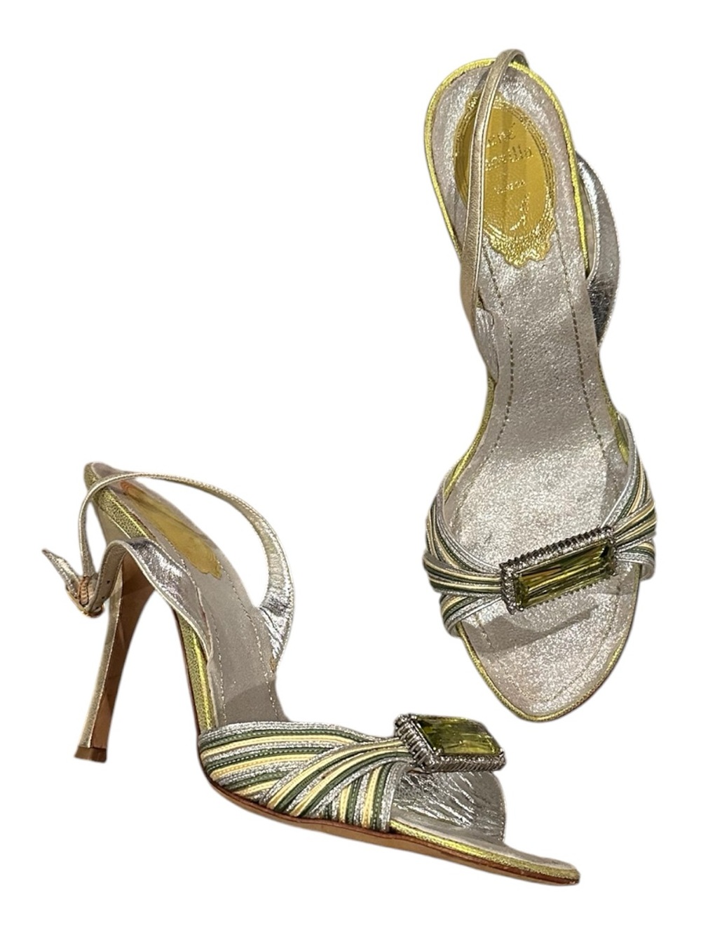 RENE CAOVILLA GREEN GEM OPEN TOE
SLINGBACK HEELED SHOES GREEN GOLD SILVER 39